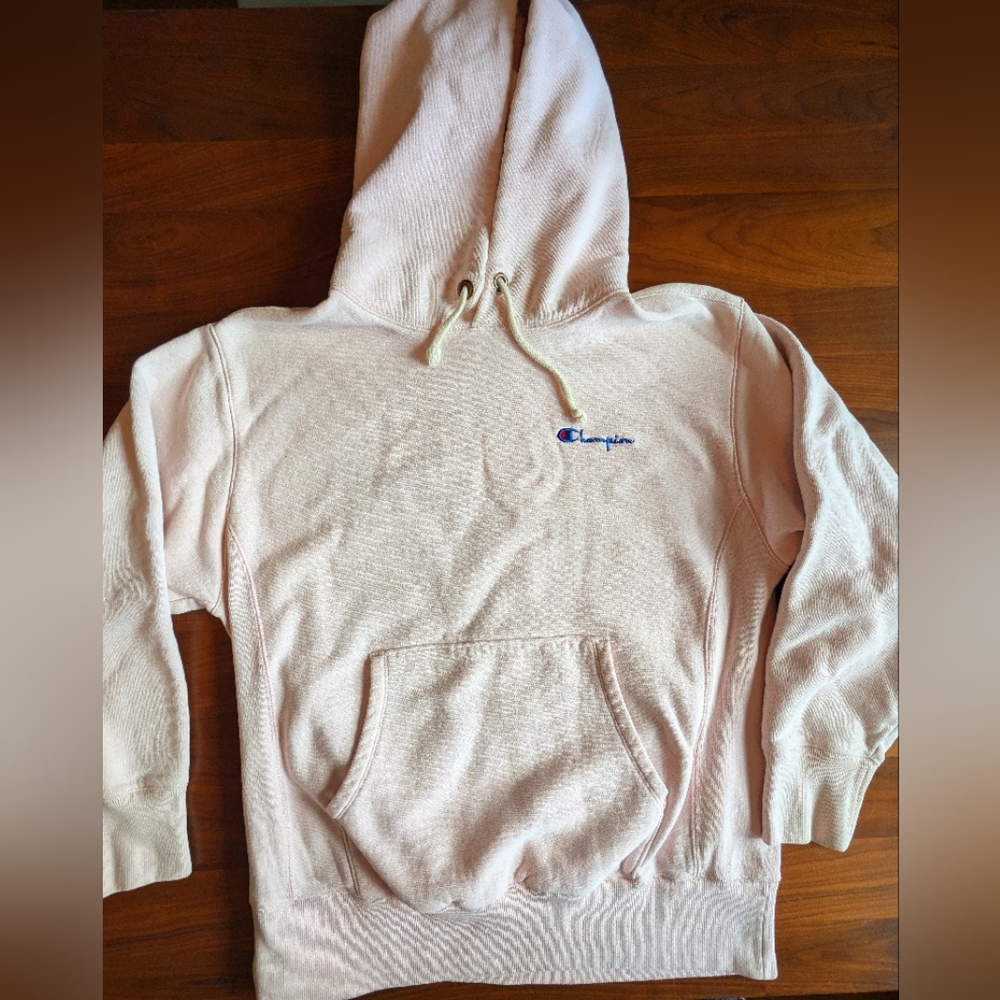Vintage Champion Reverse Weave Warm Up Hoodie Size Large Light Pink Sweater EUC